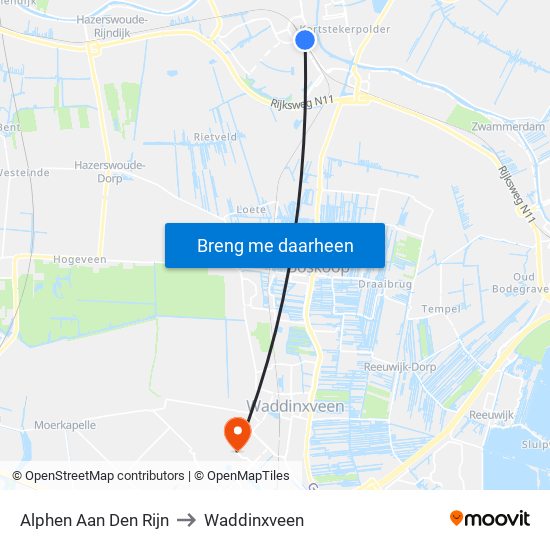 Alphen Aan Den Rijn to Waddinxveen map