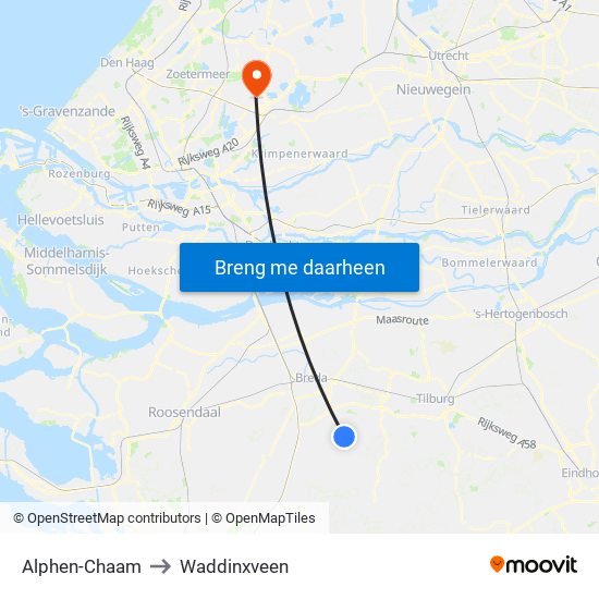 Alphen-Chaam to Waddinxveen map