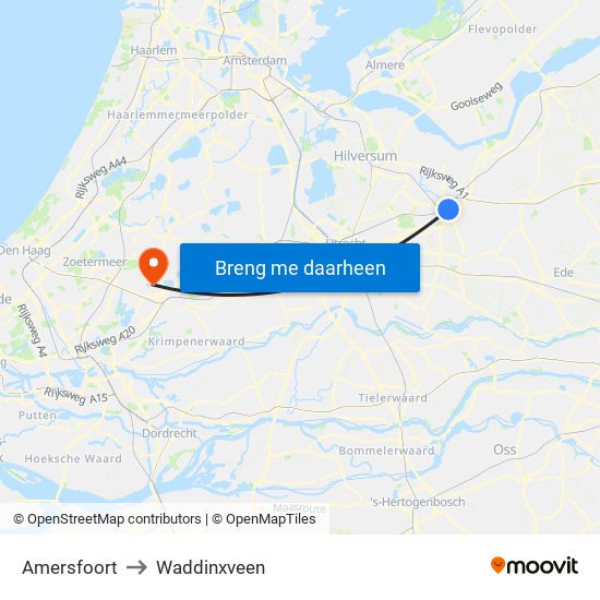 Amersfoort to Waddinxveen map