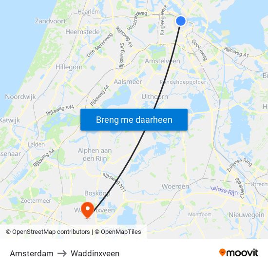 Amsterdam to Waddinxveen map