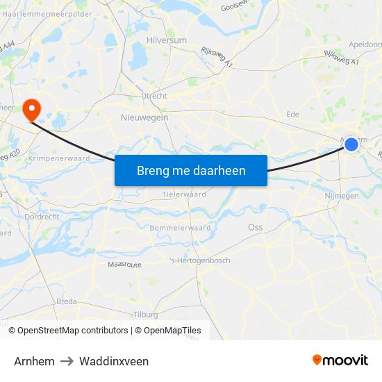 Arnhem to Waddinxveen map