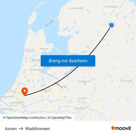 Assen to Waddinxveen map