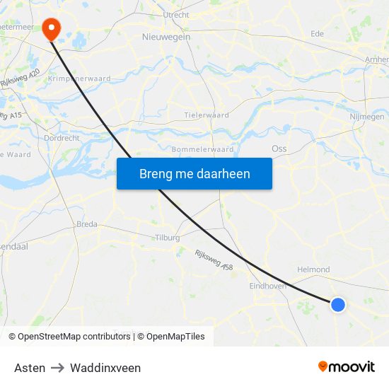 Asten to Waddinxveen map