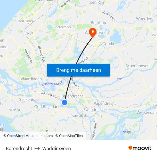 Barendrecht to Waddinxveen map