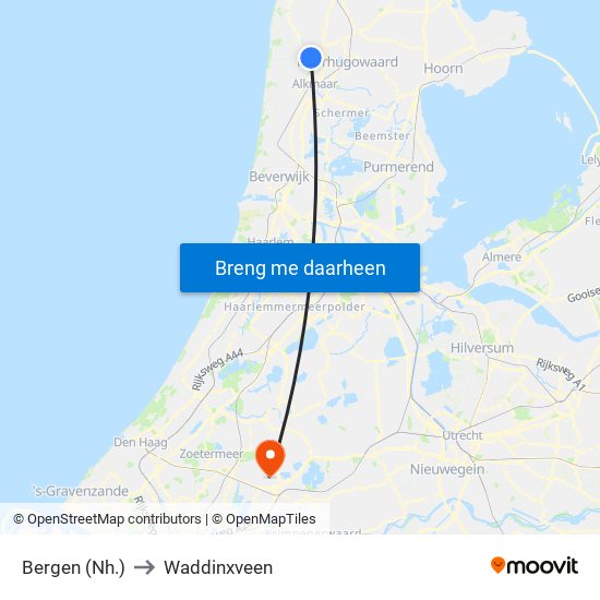 Bergen (Nh.) to Waddinxveen map