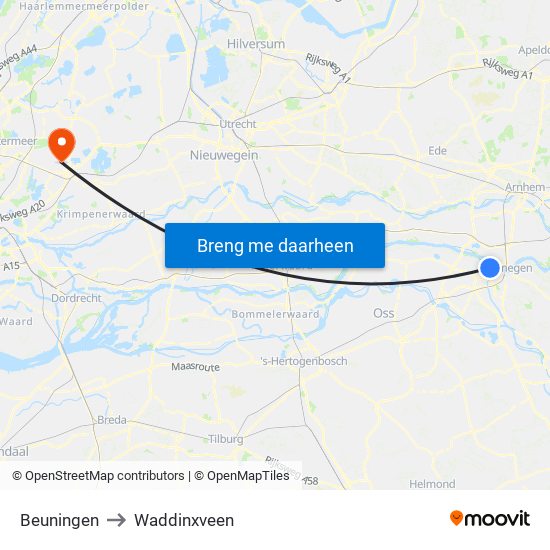 Beuningen to Waddinxveen map