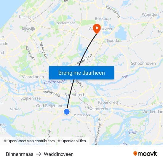 Binnenmaas to Waddinxveen map