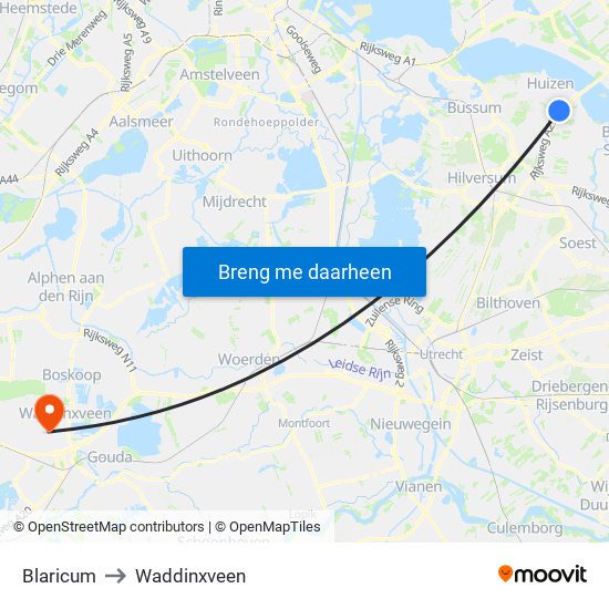 Blaricum to Waddinxveen map