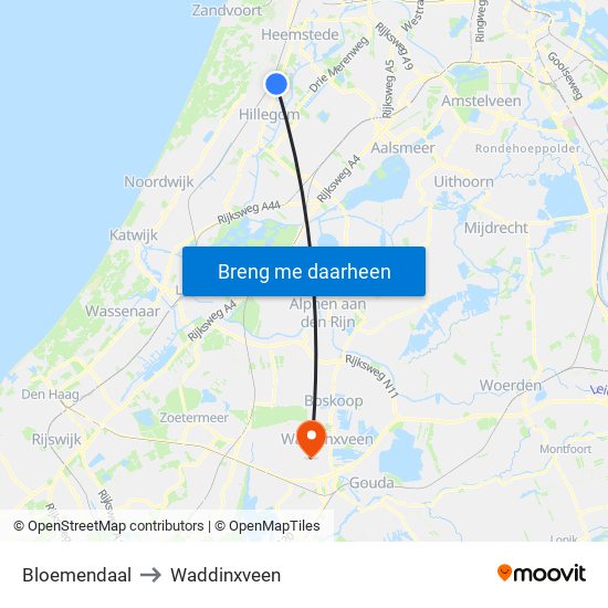 Bloemendaal to Waddinxveen map