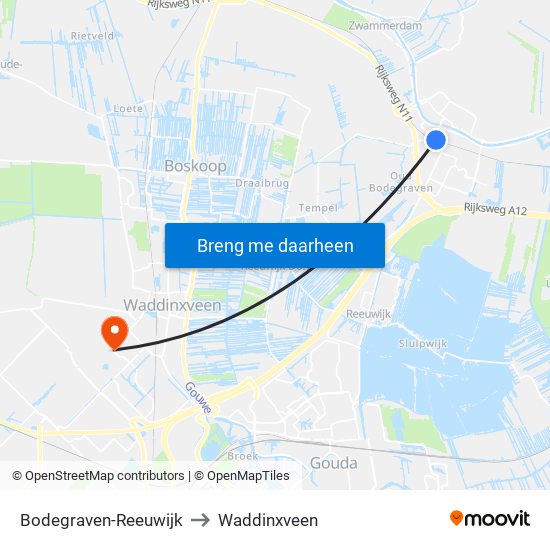 Bodegraven-Reeuwijk to Waddinxveen map