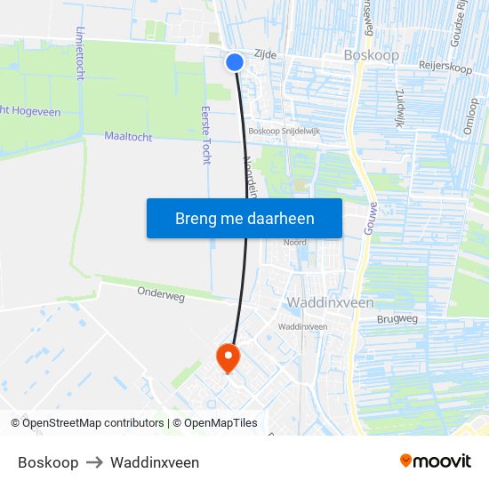 Boskoop to Waddinxveen map