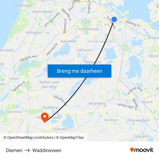 Diemen to Waddinxveen map
