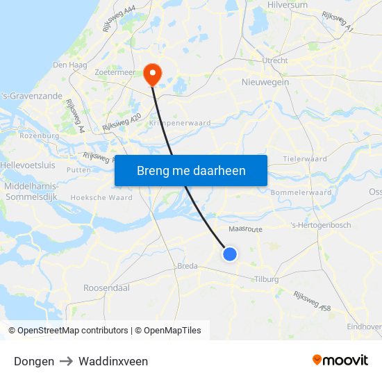 Dongen to Waddinxveen map