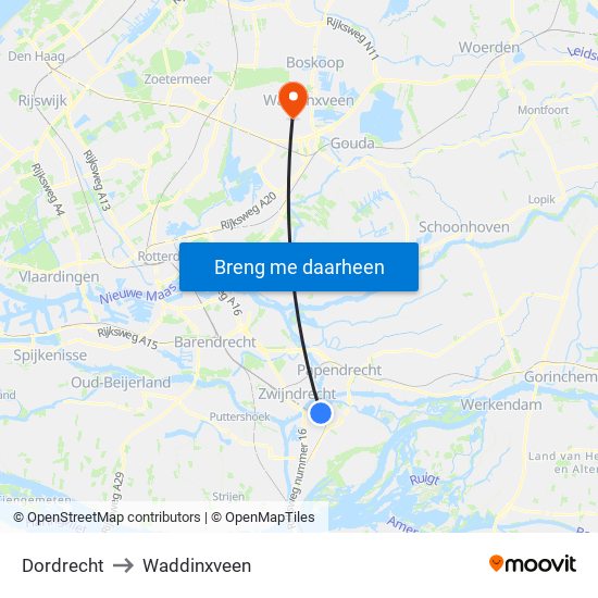 Dordrecht to Waddinxveen map