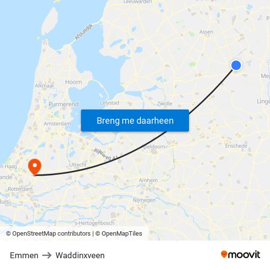 Emmen to Waddinxveen map