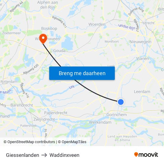 Giessenlanden to Waddinxveen map