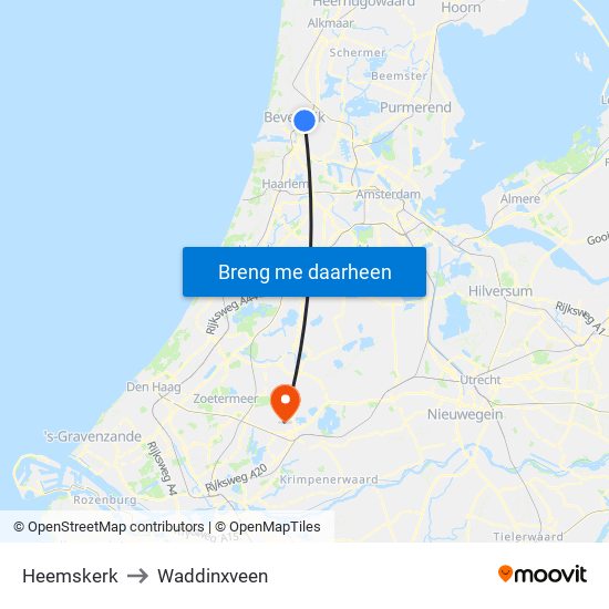 Heemskerk to Waddinxveen map