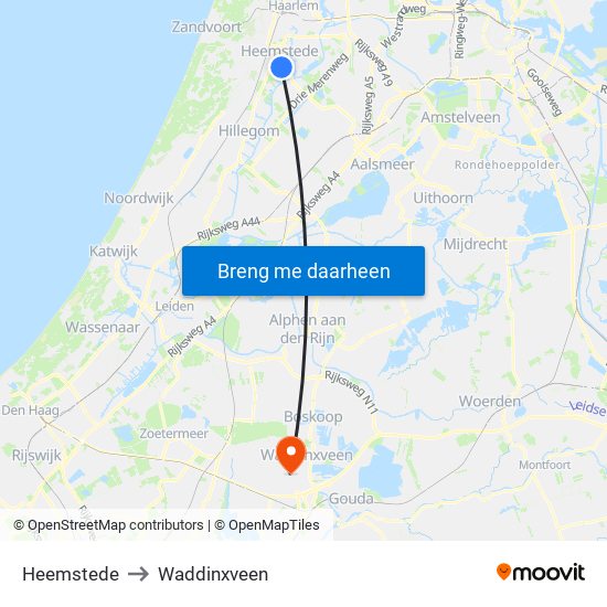 Heemstede to Waddinxveen map