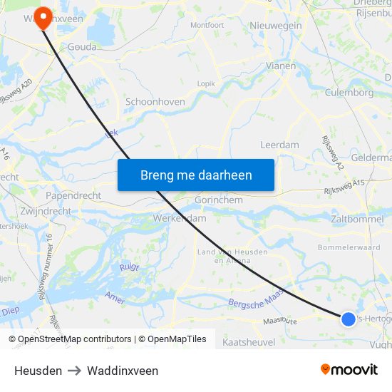 Heusden to Waddinxveen map