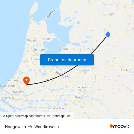 Hoogeveen to Waddinxveen map