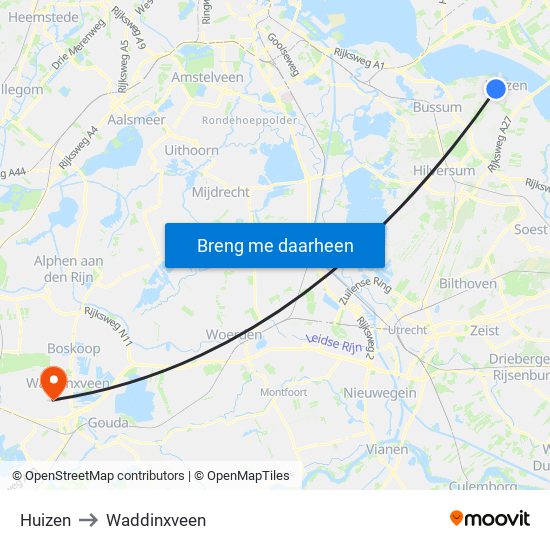 Huizen to Waddinxveen map