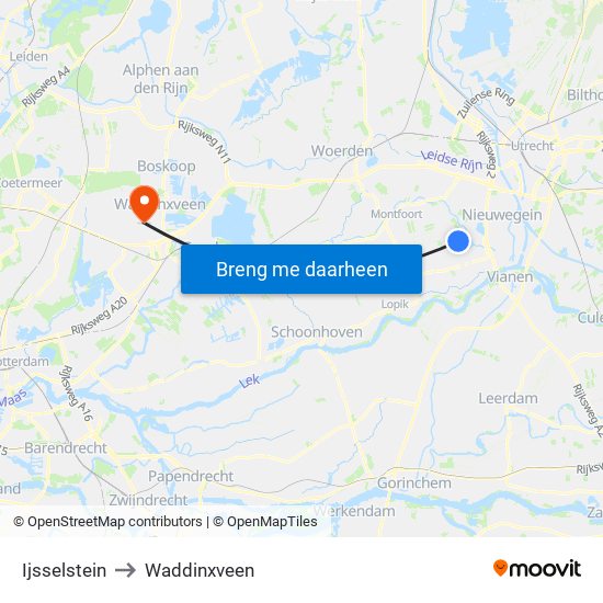 Ijsselstein to Waddinxveen map