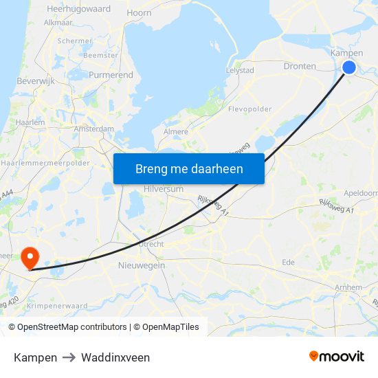 Kampen to Waddinxveen map