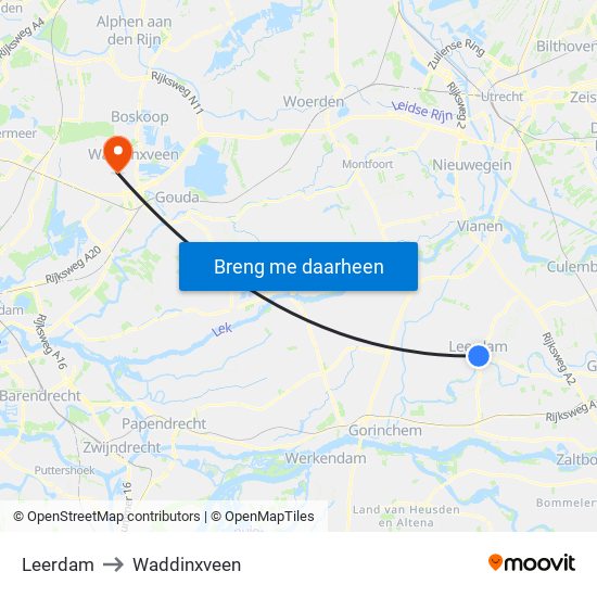 Leerdam to Waddinxveen map