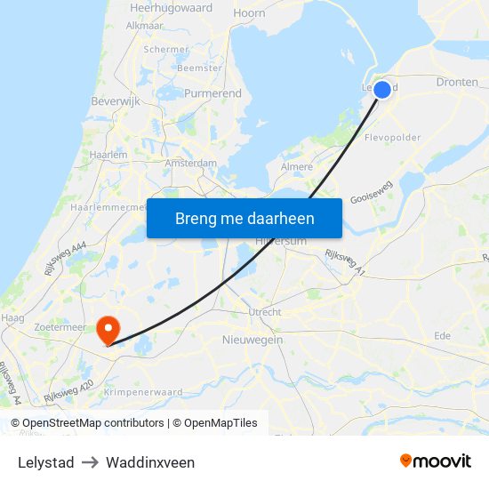 Lelystad to Waddinxveen map