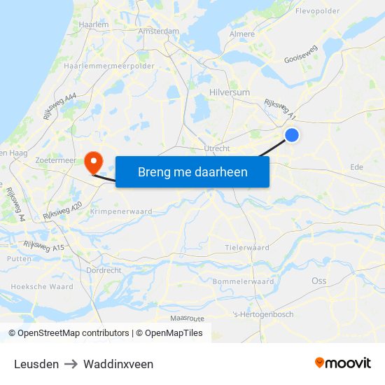 Leusden to Waddinxveen map