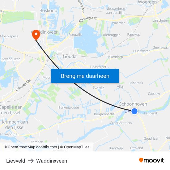 Liesveld to Waddinxveen map