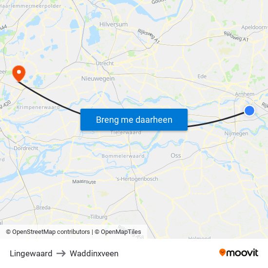Lingewaard to Waddinxveen map