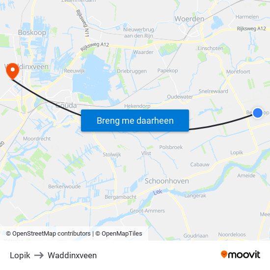 Lopik to Waddinxveen map