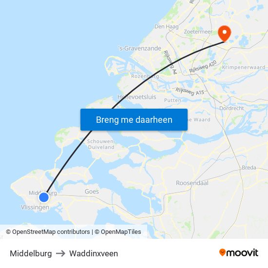 Middelburg to Waddinxveen map