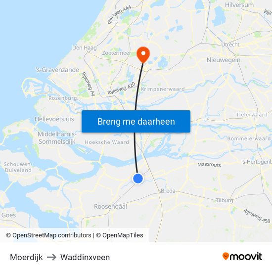 Moerdijk to Waddinxveen map
