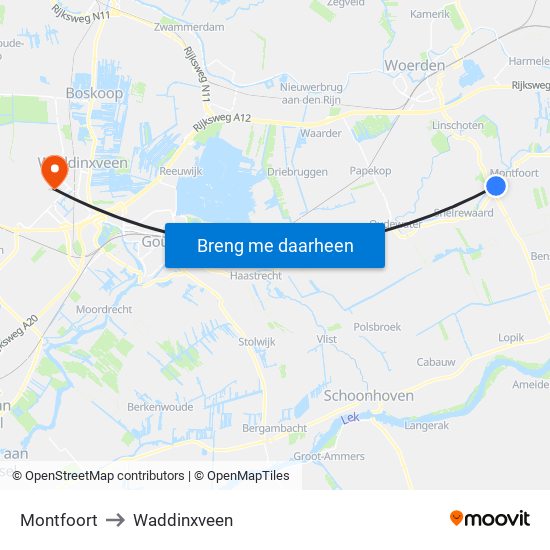 Montfoort to Waddinxveen map