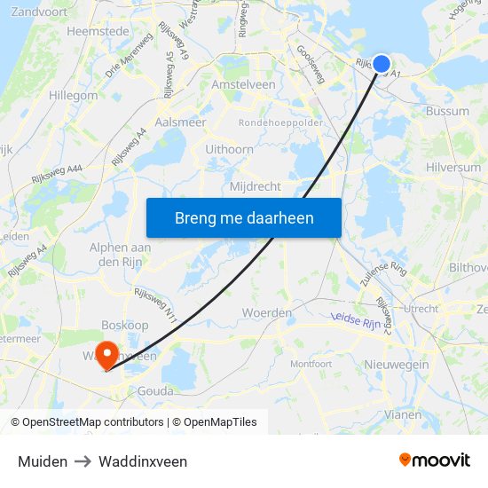 Muiden to Waddinxveen map