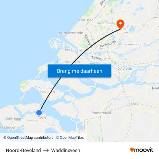 Noord-Beveland to Waddinxveen map