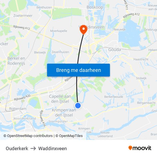 Ouderkerk to Waddinxveen map