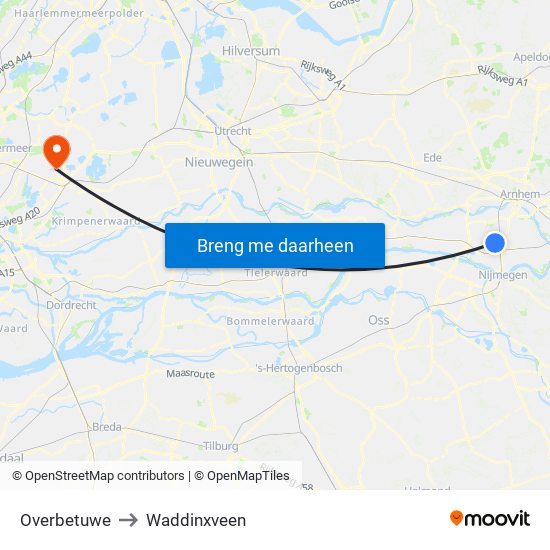 Overbetuwe to Waddinxveen map