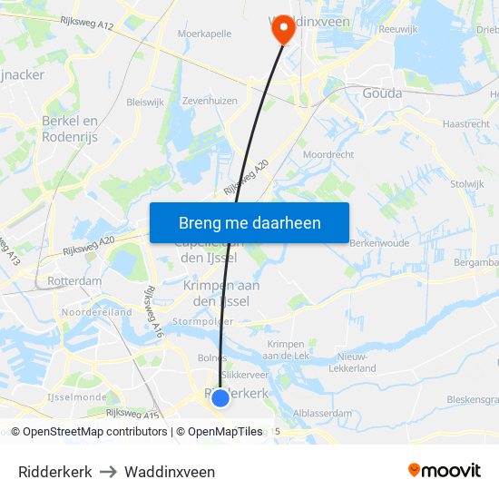 Ridderkerk to Waddinxveen map