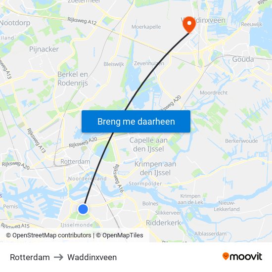 Rotterdam to Waddinxveen map