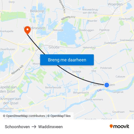 Schoonhoven to Waddinxveen map