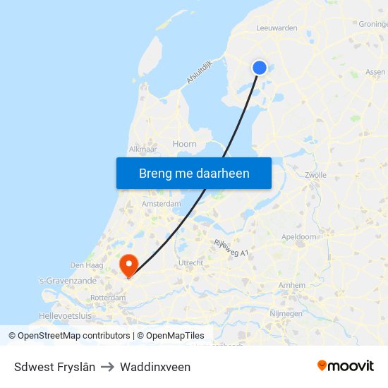Sdwest Fryslân to Waddinxveen map