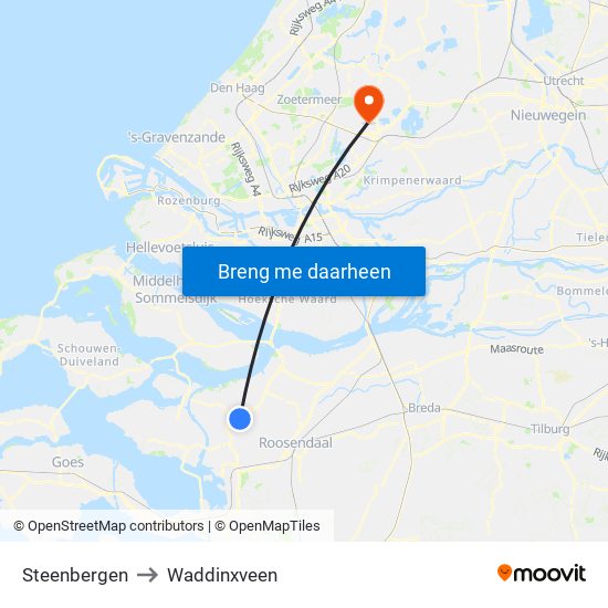 Steenbergen to Waddinxveen map