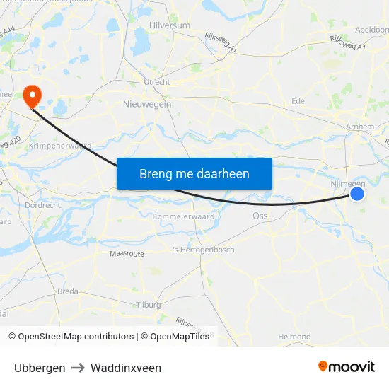 Ubbergen to Waddinxveen map