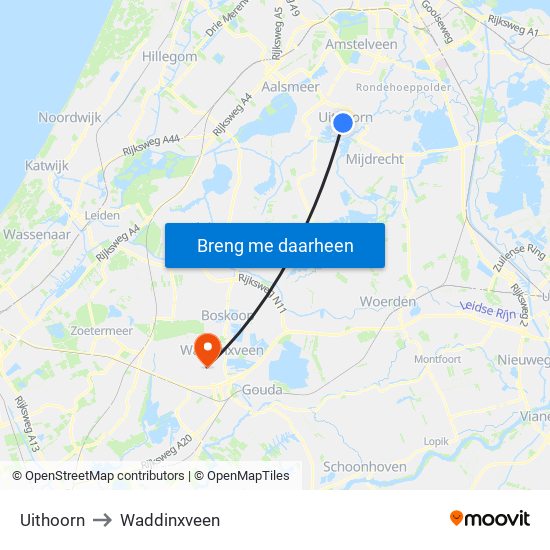 Uithoorn to Waddinxveen map