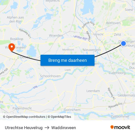 Utrechtse Heuvelrug to Waddinxveen map