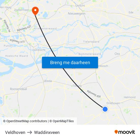 Veldhoven to Waddinxveen map