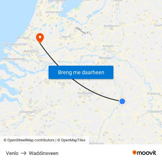 Venlo to Waddinxveen map